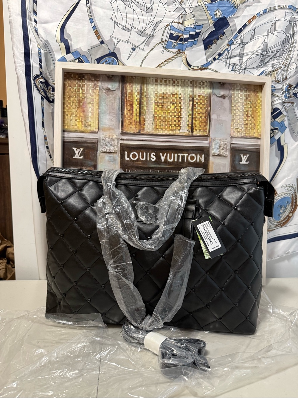 Badgley Mischka Quilted Black Leather Tote Bag